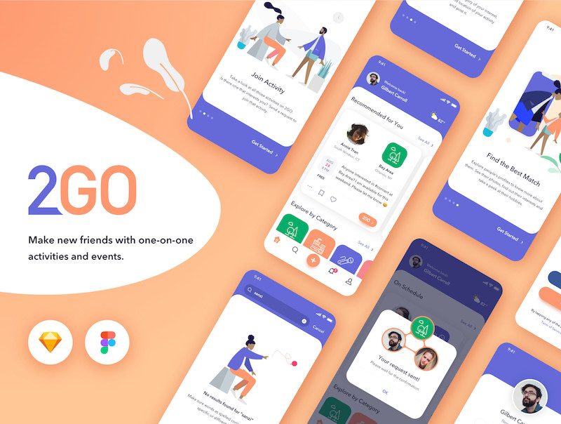 2GO是一款基于兴趣爱好的社交app设计模板-Sketch/Figma素材