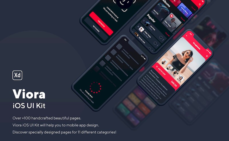 一套多功能的iOS红黑配色app设计模板-Adobe XD素材