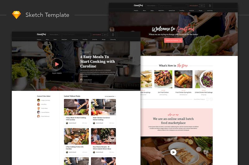 时尚的美食餐厅及食谱分享网站界面设计模板-Sketch素材